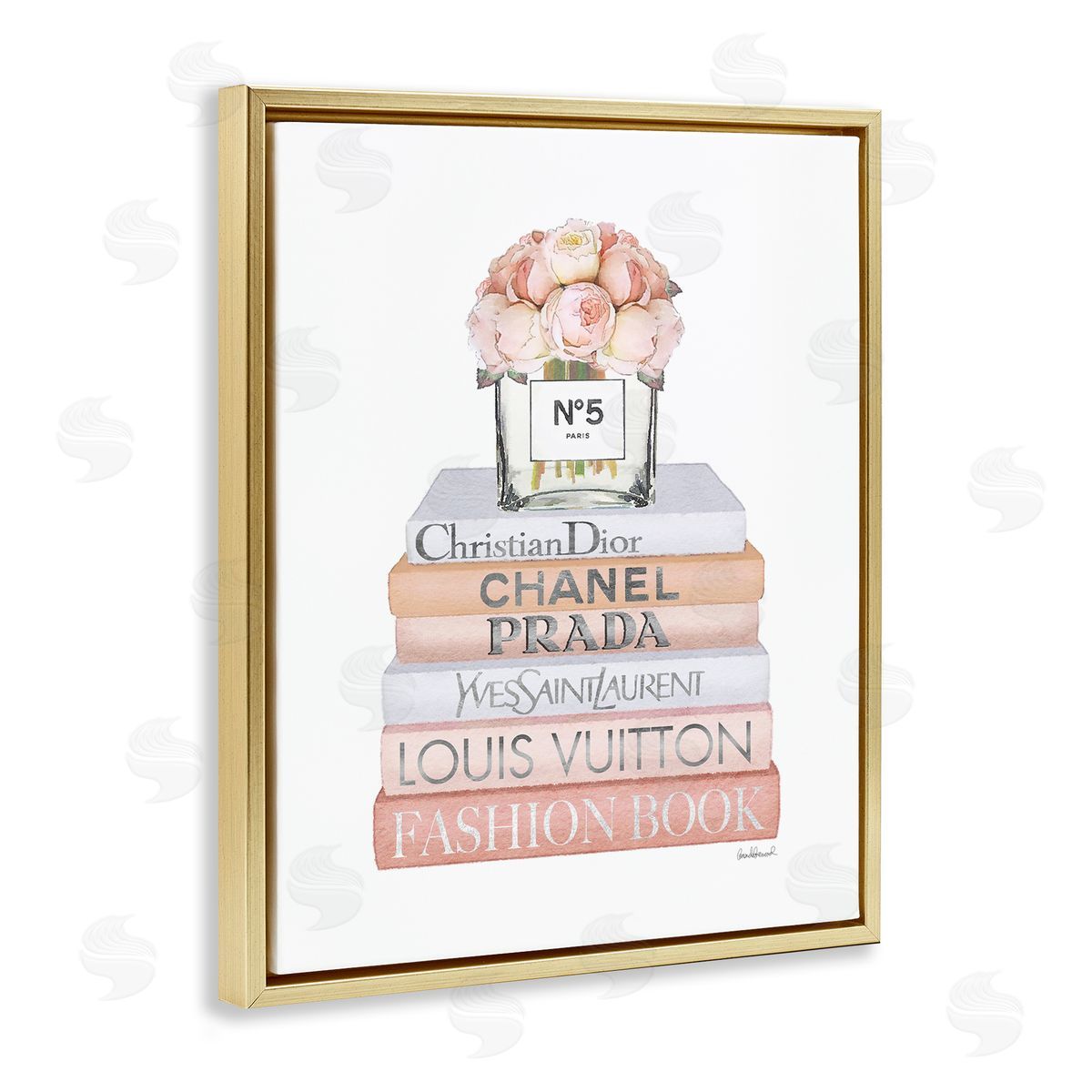 Delicate Pink Roses on Books Gold Floating Frame Canvas Wall Art, Home Decor by Amanda Greenwood