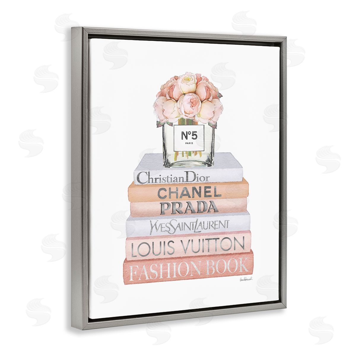 Delicate Pink Roses on Books Grey Floating Frame Canvas Wall Art, Home Decor by Amanda Greenwood