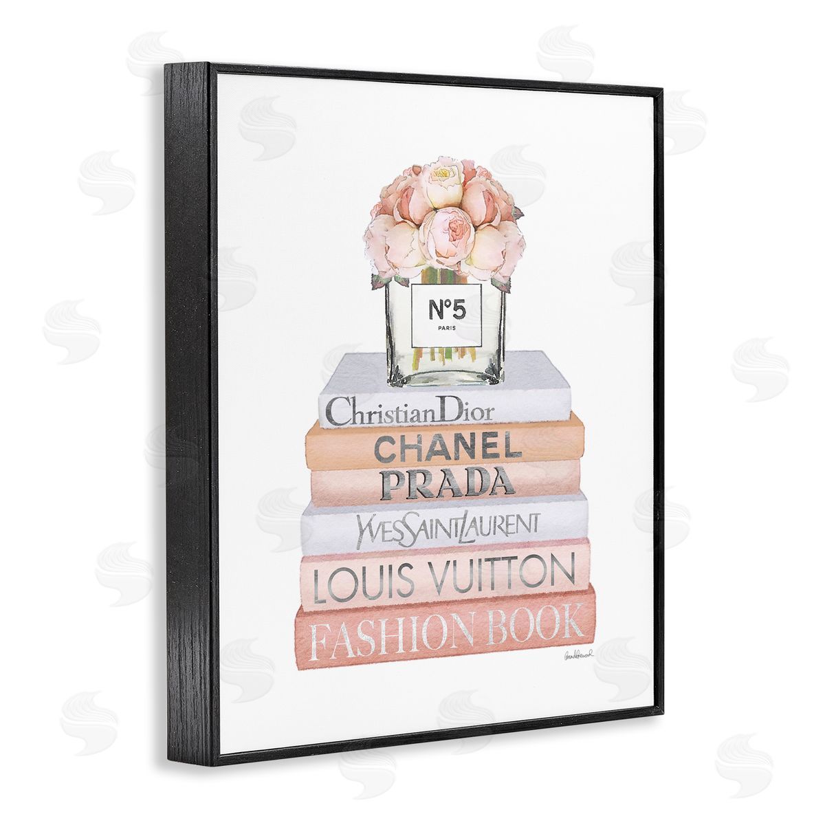 Delicate Pink Roses on Books Black Frame Print Wall Art, Home Decor by Amanda Greenwood