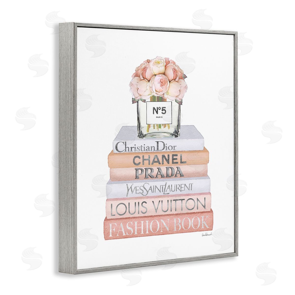 Delicate Pink Roses on Books Grey Frame Print Wall Art, Home Decor by Amanda Greenwood