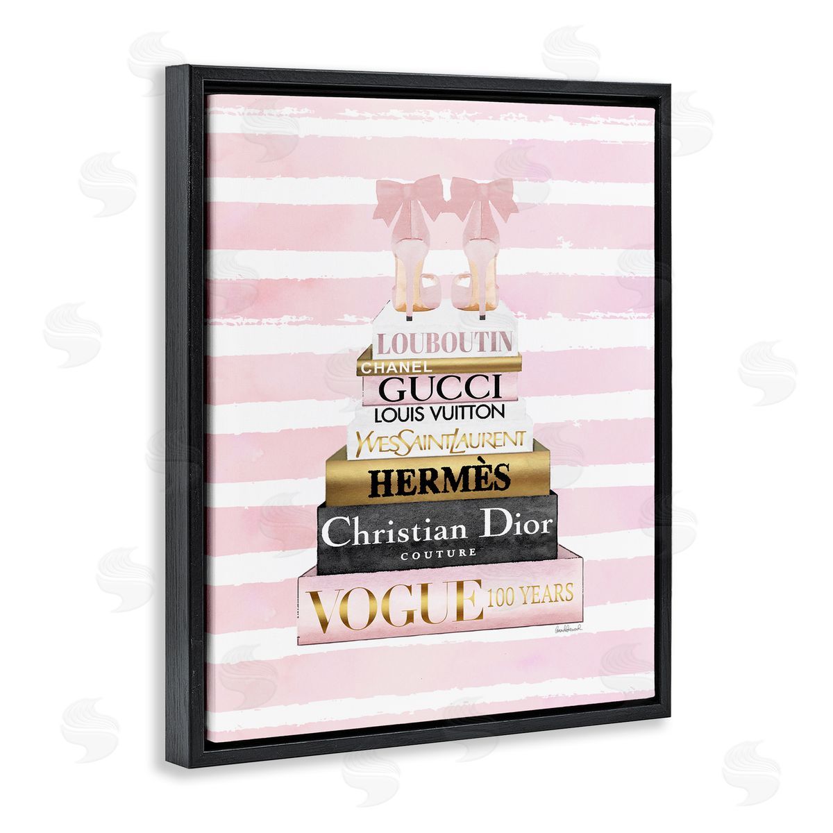 Pink Heel Bookstack over Stripes Black Floating Frame Canvas Wall Art, Home Decor by Amanda Greenwood