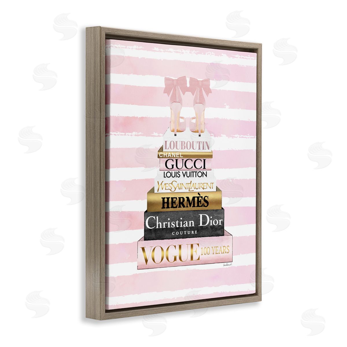 Pink Heel Bookstack over Stripes Brown Floating Frame Canvas Wall Art, Home Decor by Amanda Greenwood