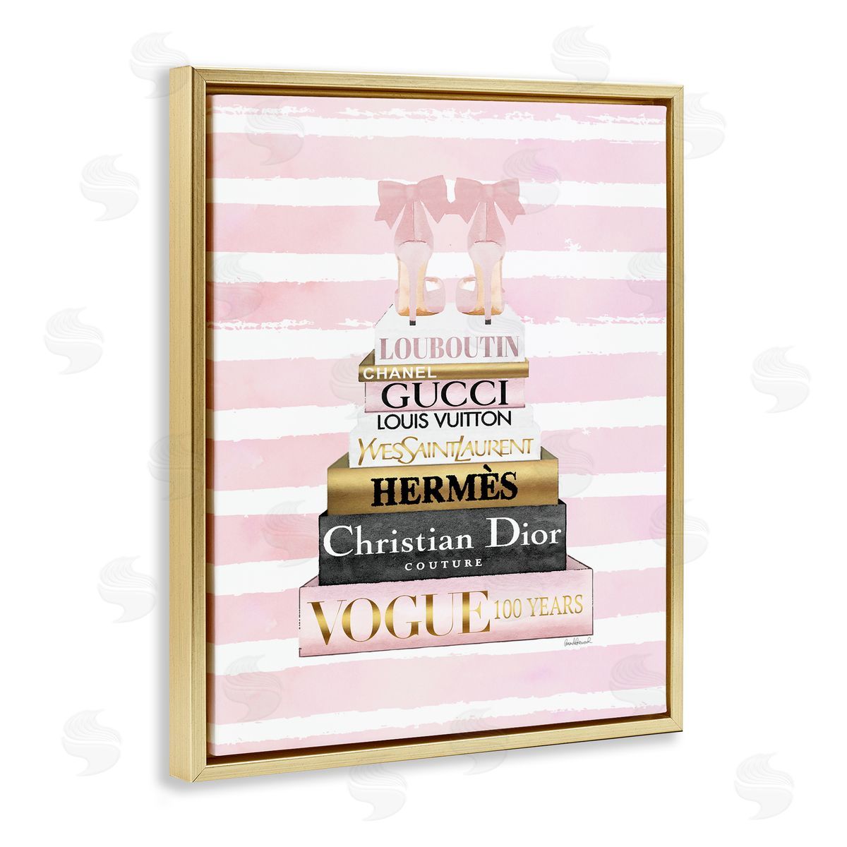 Pink Heel Bookstack over Stripes Gold Floating Frame Canvas Wall Art, Home Decor by Amanda Greenwood