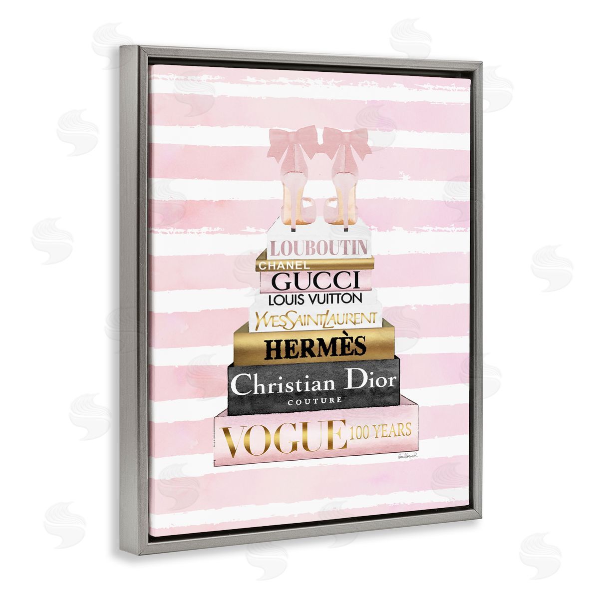 Pink Heel Bookstack over Stripes Grey Floating Frame Canvas Wall Art, Home Decor by Amanda Greenwood