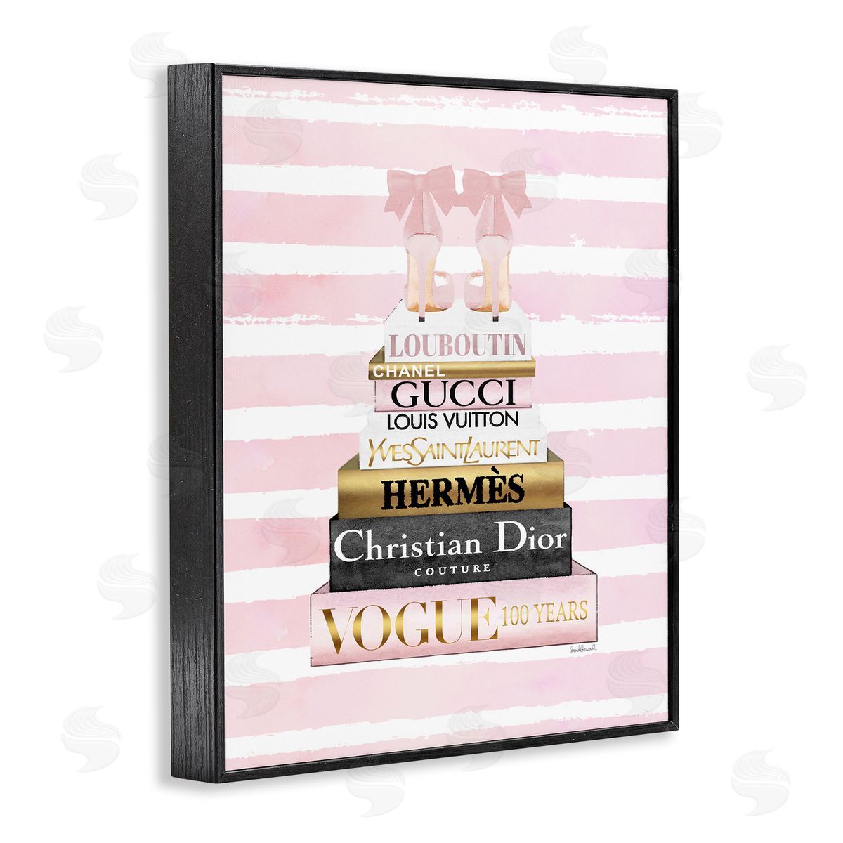 Pink Heel Bookstack over Stripes Black Frame Print Wall Art, Home Decor by Amanda Greenwood