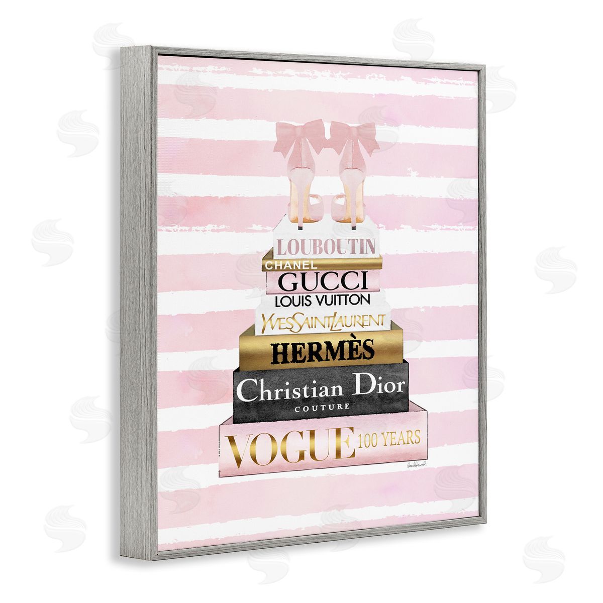Pink Heel Bookstack over Stripes Grey Frame Print Wall Art, Home Decor by Amanda Greenwood