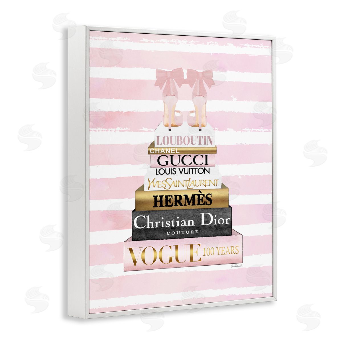 Pink Heel Bookstack over Stripes White Frame Print Wall Art, Home Decor by Amanda Greenwood