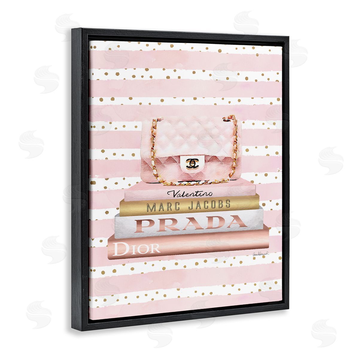 Pink Purse Bookstack over Stripes Black Floating Frame Canvas Wall Art, Home Decor by Amanda Greenwood
