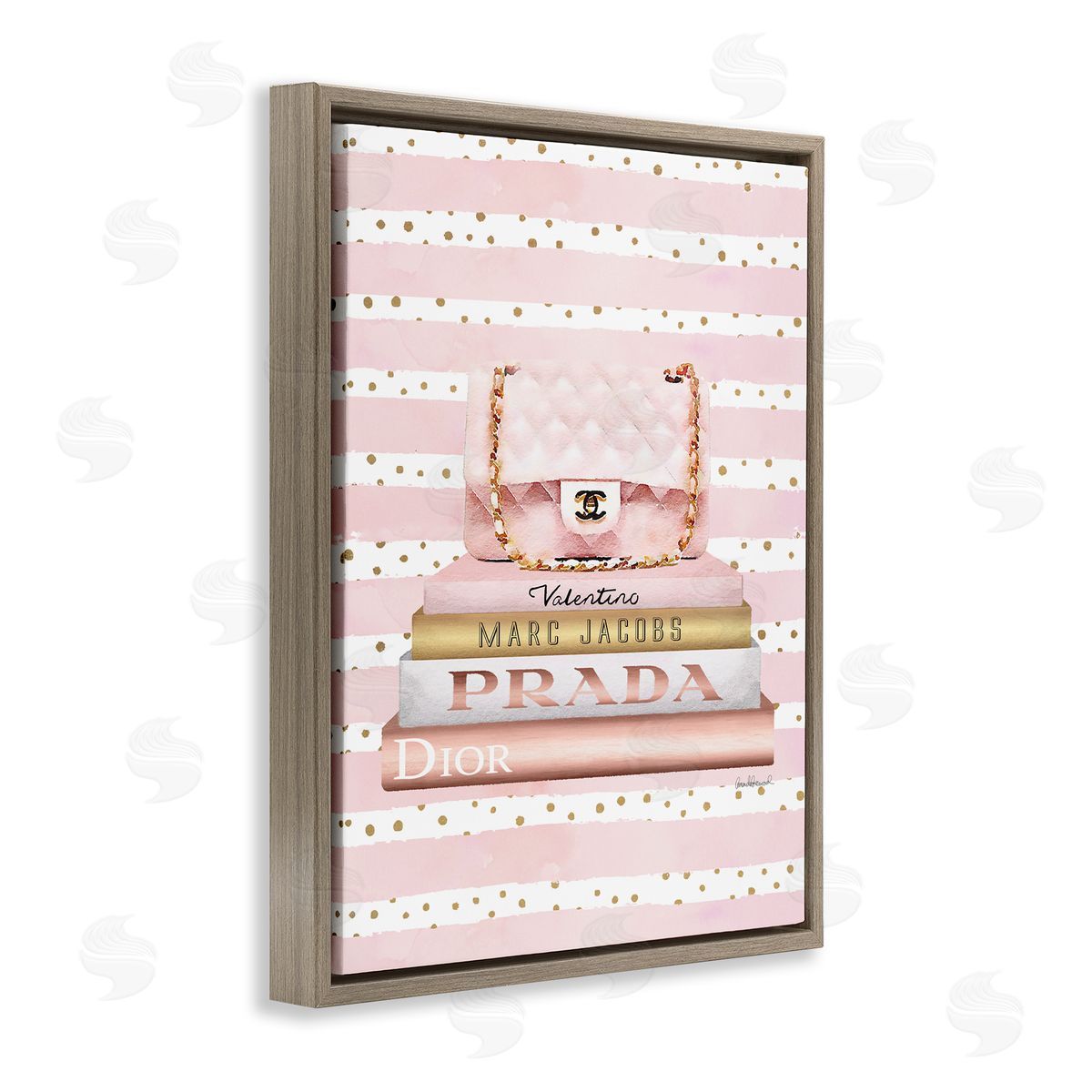 Pink Purse Bookstack over Stripes Brown Floating Frame Canvas Wall Art, Home Decor by Amanda Greenwood