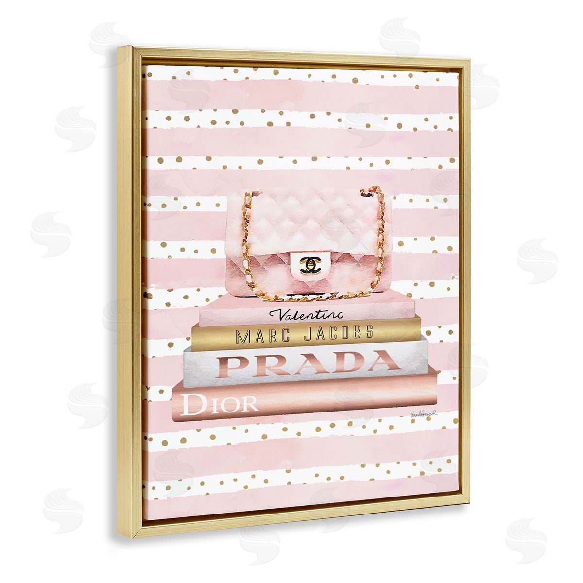 Pink Purse Bookstack over Stripes Gold Floating Frame Canvas Wall Art, Home Decor by Amanda Greenwood