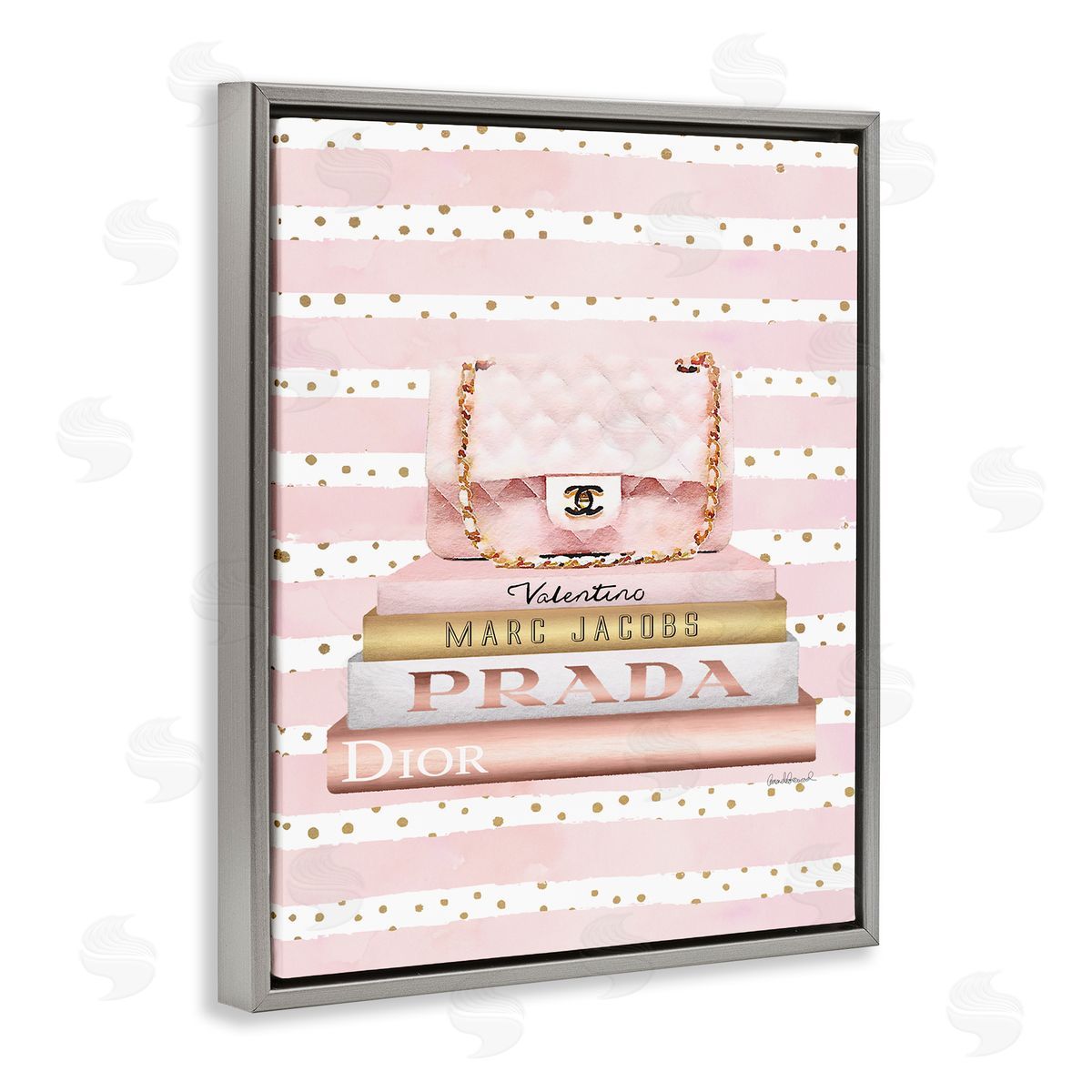 Pink Purse Bookstack over Stripes Grey Floating Frame Canvas Wall Art, Home Decor by Amanda Greenwood