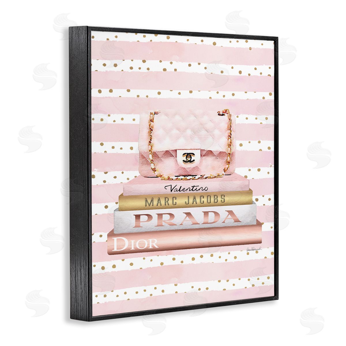 Pink Purse Bookstack over Stripes Black Frame Print Wall Art, Home Decor by Amanda Greenwood
