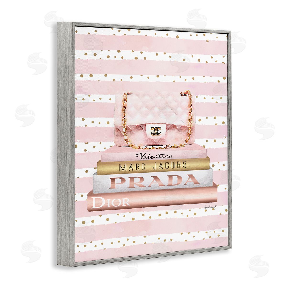 Pink Purse Bookstack over Stripes Grey Frame Print Wall Art, Home Decor by Amanda Greenwood