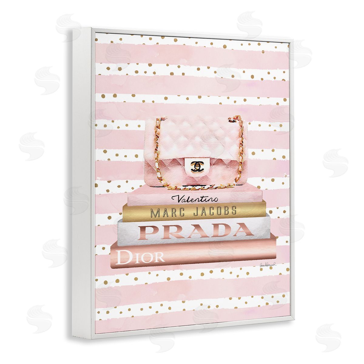 Pink Purse Bookstack over Stripes White Frame Print Wall Art, Home Decor by Amanda Greenwood