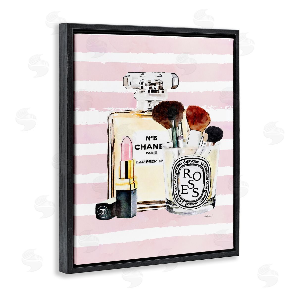 Fashion Cosmetics over Pink Stripes Black Floating Frame Canvas Wall Art, Home Decor by Amanda Greenwood