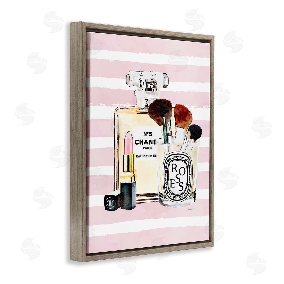 Fashion Cosmetics over Pink Stripes Brown Floating Frame Canvas Wall Art, Home Decor by Amanda Greenwood
