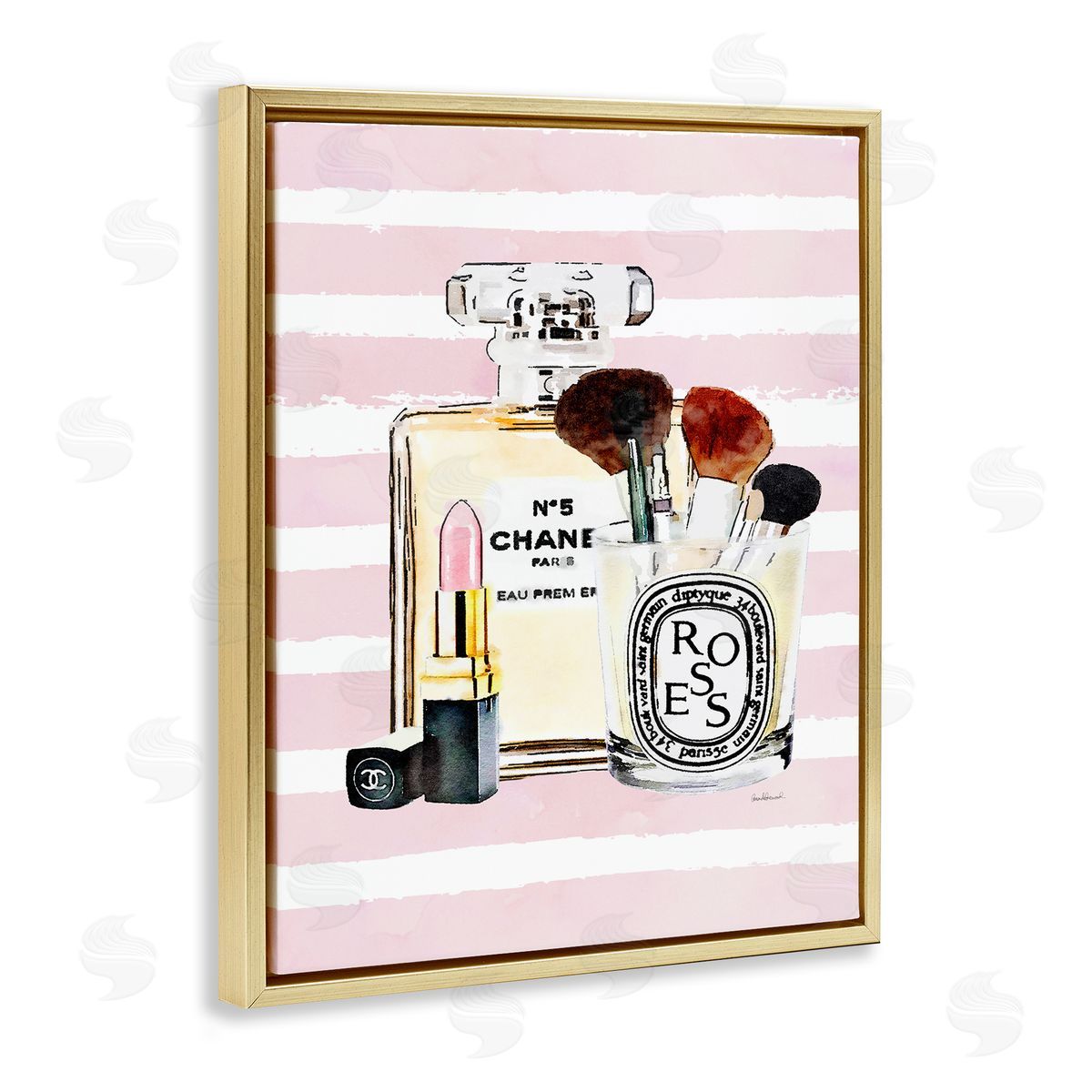 Fashion Cosmetics over Pink Stripes Gold Floating Frame Canvas Wall Art, Home Decor by Amanda Greenwood