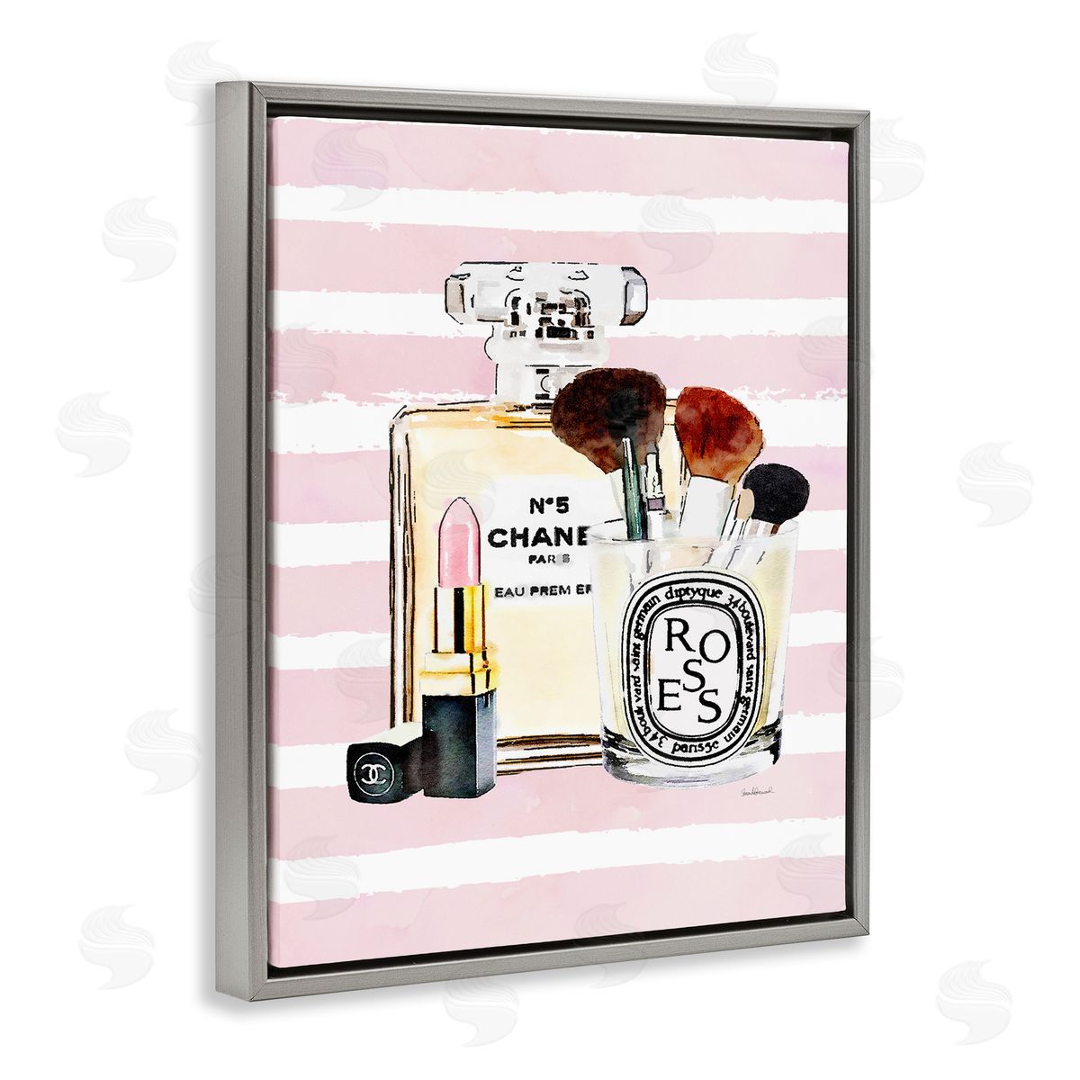 Fashion Cosmetics over Pink Stripes Grey Floating Frame Canvas Wall Art, Home Decor by Amanda Greenwood