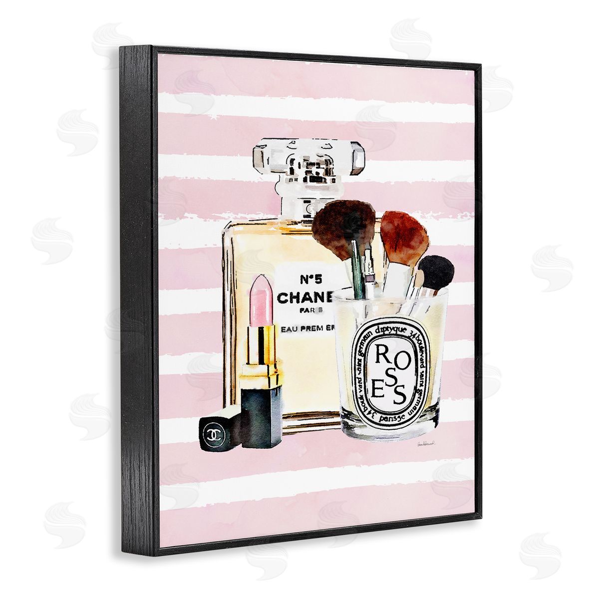 Fashion Cosmetics over Pink Stripes Black Frame Print Wall Art, Home Decor by Amanda Greenwood