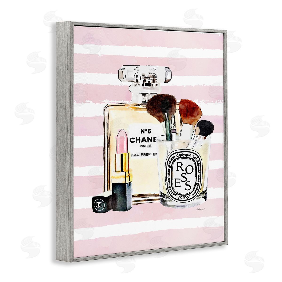 Fashion Cosmetics over Pink Stripes Grey Frame Print Wall Art, Home Decor by Amanda Greenwood