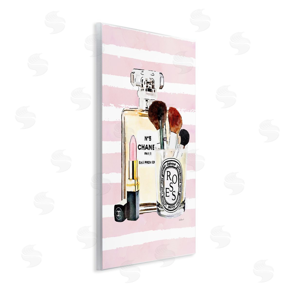 Fashion Cosmetics over Pink Stripes Wood Plaque Wall Art, Home Decor by Amanda Greenwood