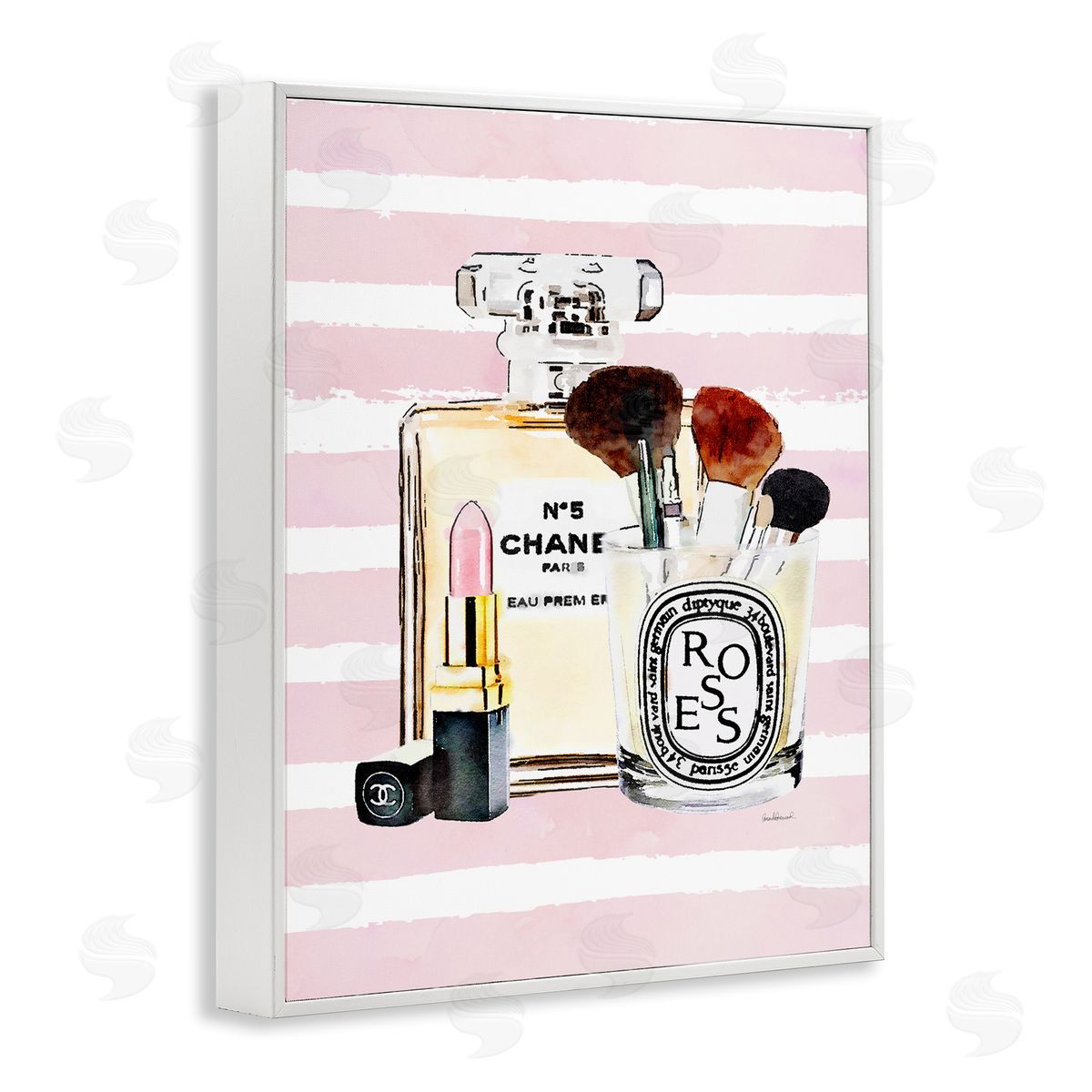 Fashion Cosmetics over Pink Stripes White Frame Print Wall Art, Home Decor by Amanda Greenwood