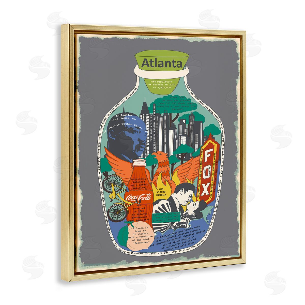 Atlanta Georgia in Vintage Jar Gold Floating Frame Canvas Wall Art, Home Decor by Sangita Bachelet