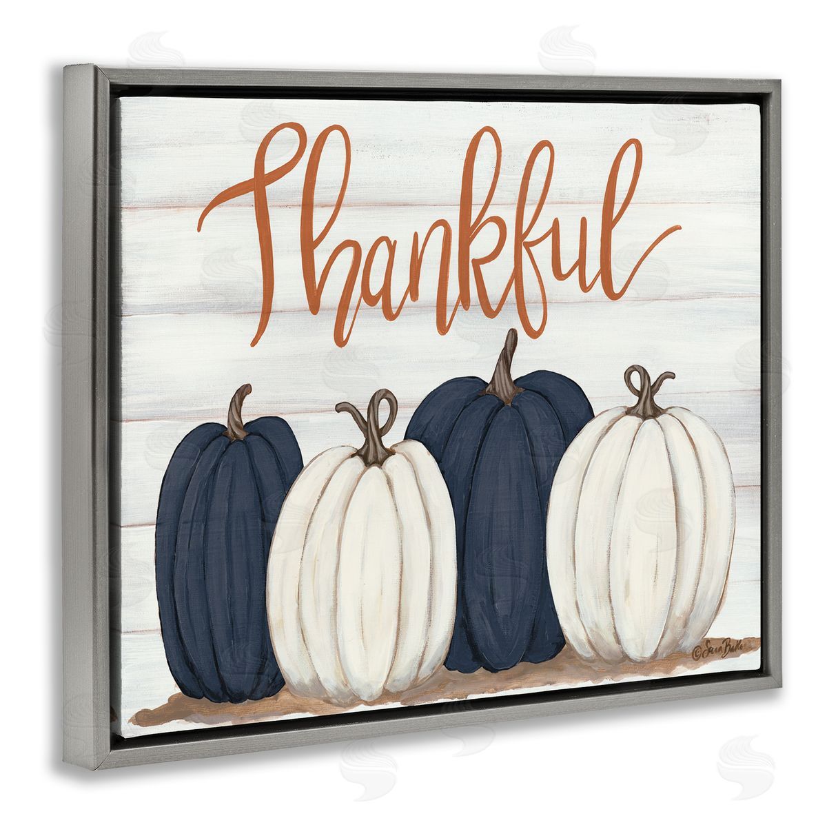 Thankful Greeting with Pumpkins Grey Floating Frame Canvas Wall Art, Home Decor by Sarah Baker