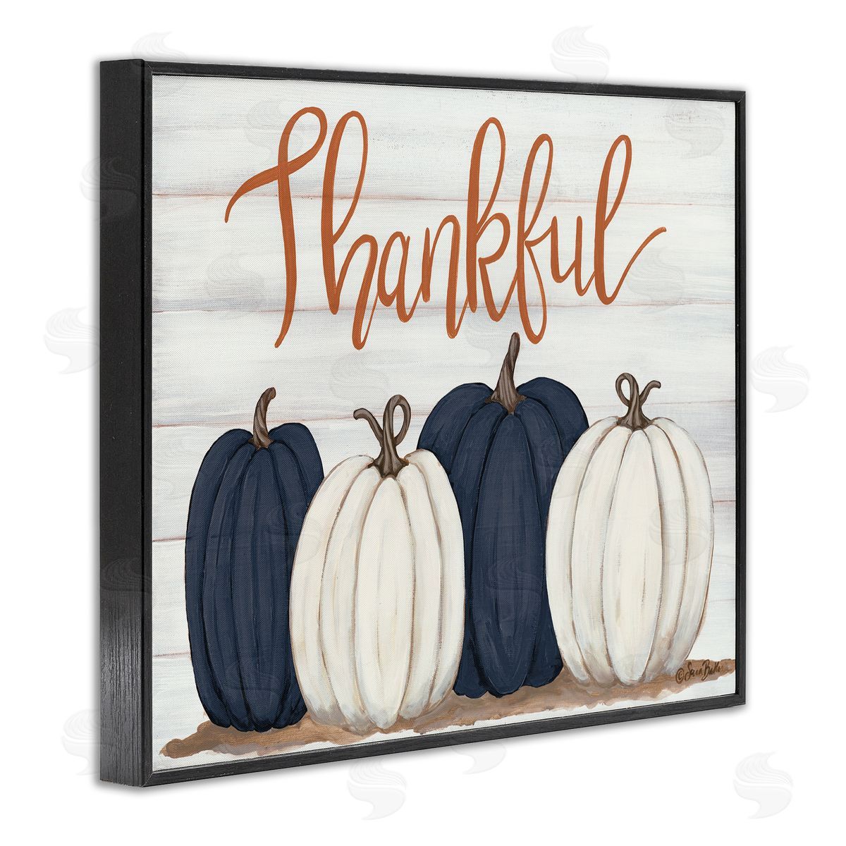 Thankful Greeting with Pumpkins Black Frame Print Wall Art, Home Decor by Sarah Baker
