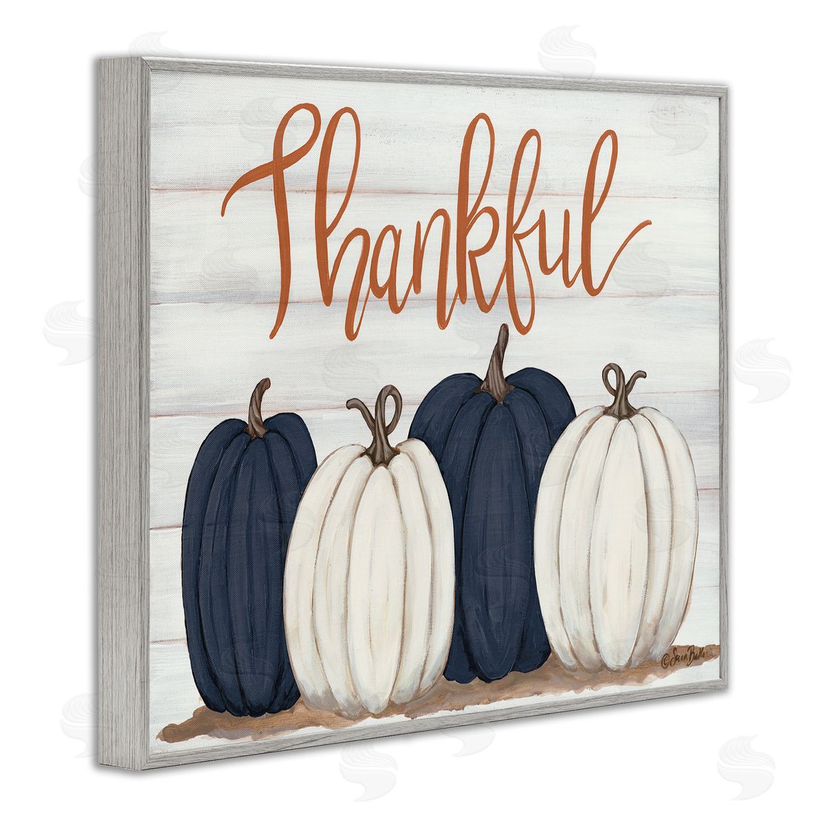 Thankful Greeting with Pumpkins Grey Frame Print Wall Art, Home Decor by Sarah Baker