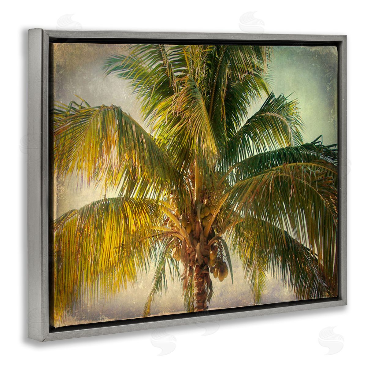 Tropical Summer Palm Tree Grey Floating Frame Canvas Wall Art, Home Decor by Ashley Calhoun