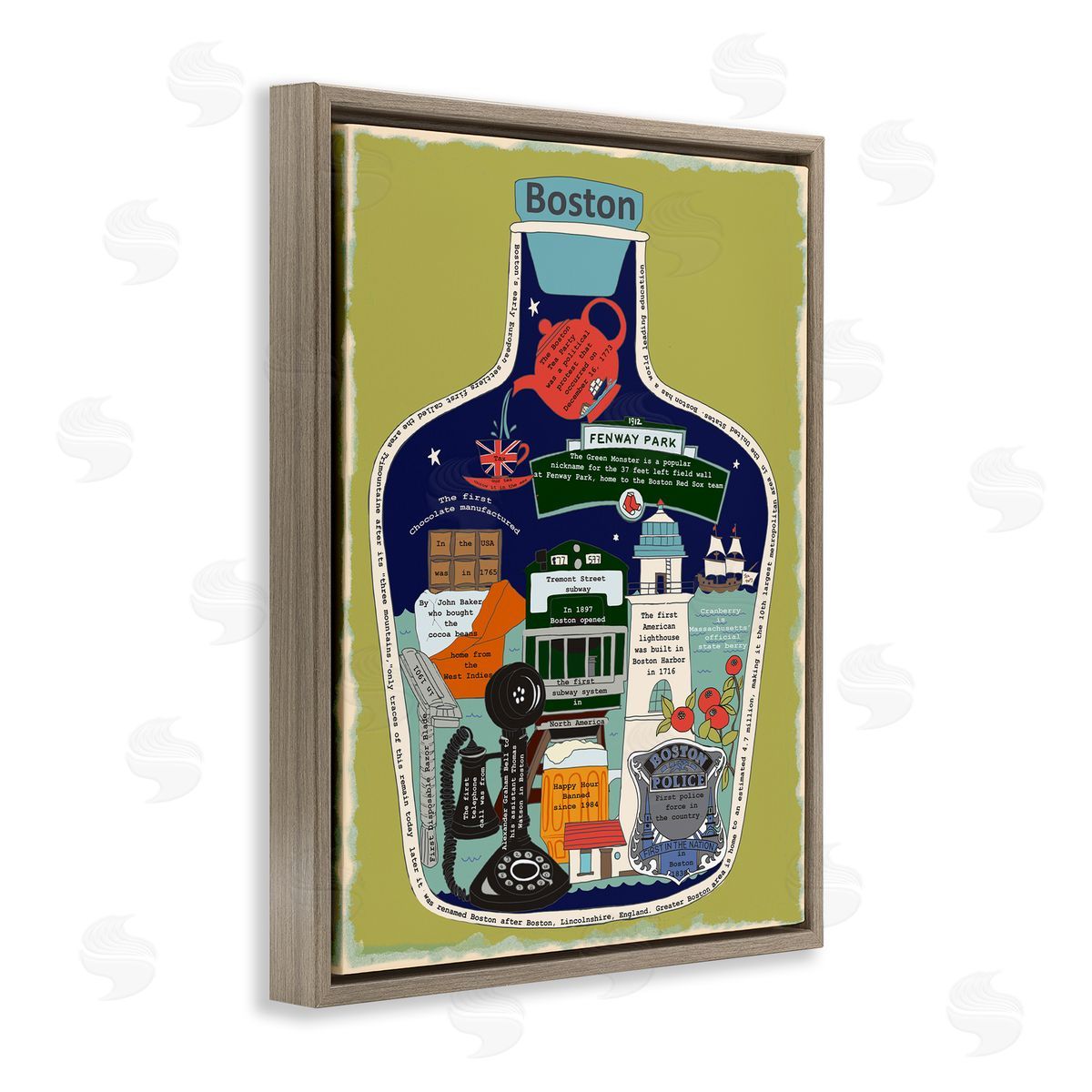 Boston Mass in Vintage Jar Brown Floating Frame Canvas Wall Art, Home Decor by Sangita Bachelet
