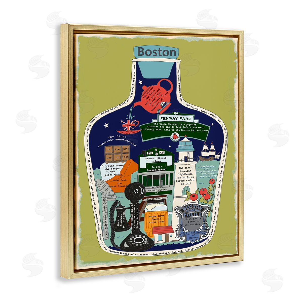 Boston Mass in Vintage Jar Gold Floating Frame Canvas Wall Art, Home Decor by Sangita Bachelet