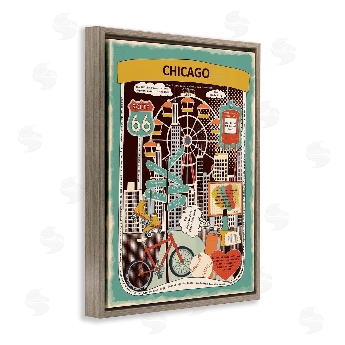 Vintage Chicago Illinois Facts Brown Floating Frame Canvas Wall Art, Home Decor by Sangita Bachelet