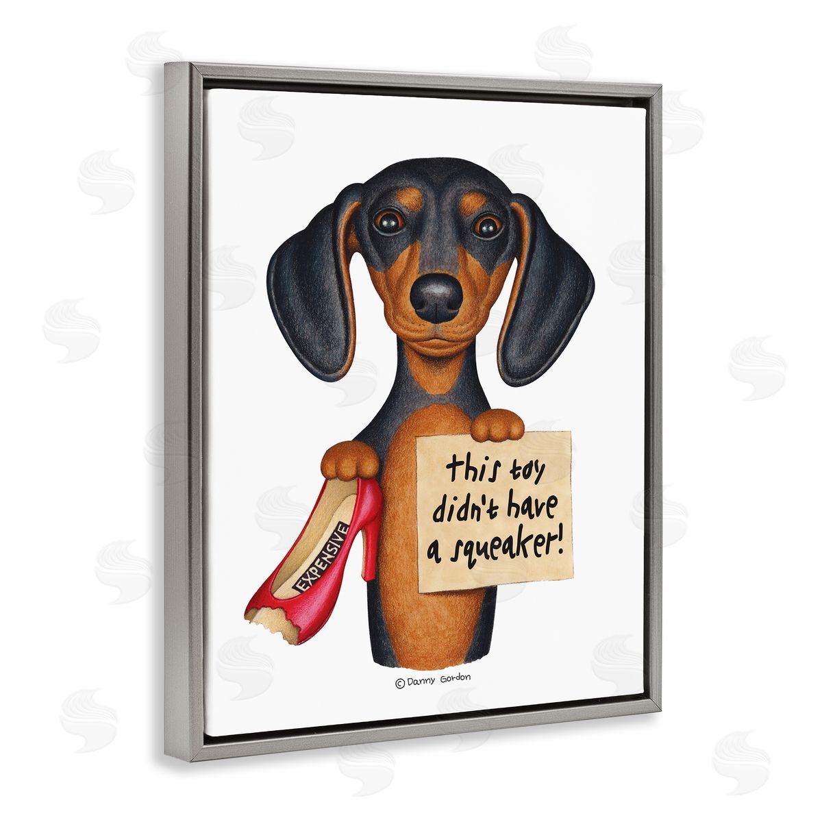 Dachshund Chewed Shoe Joke Grey Floating Frame Canvas Wall Art, Home Decor by Danny Gordan