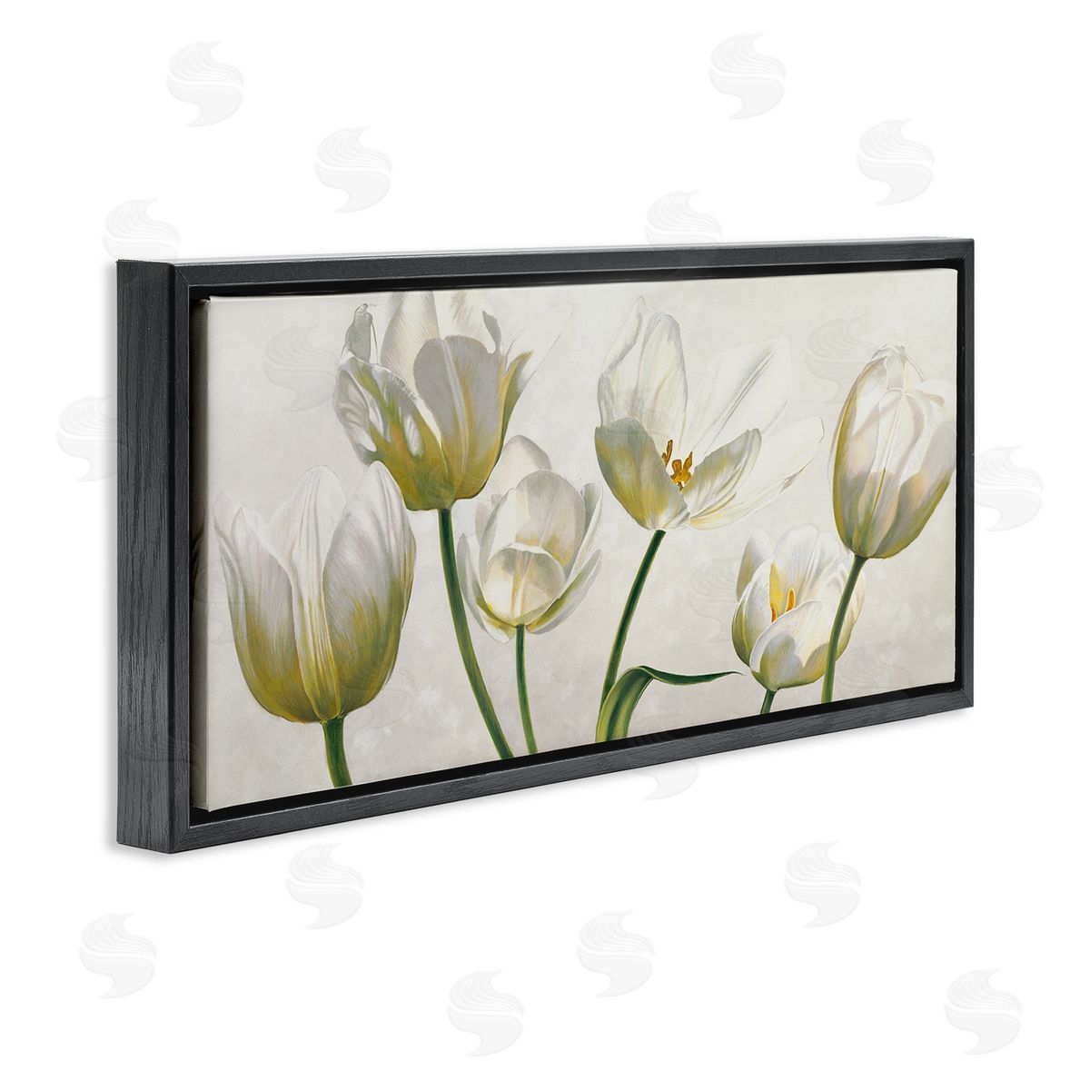 Soft White Blooming Tulips Black Floating Frame Canvas Wall Art, Home Decor by Eva Barberini