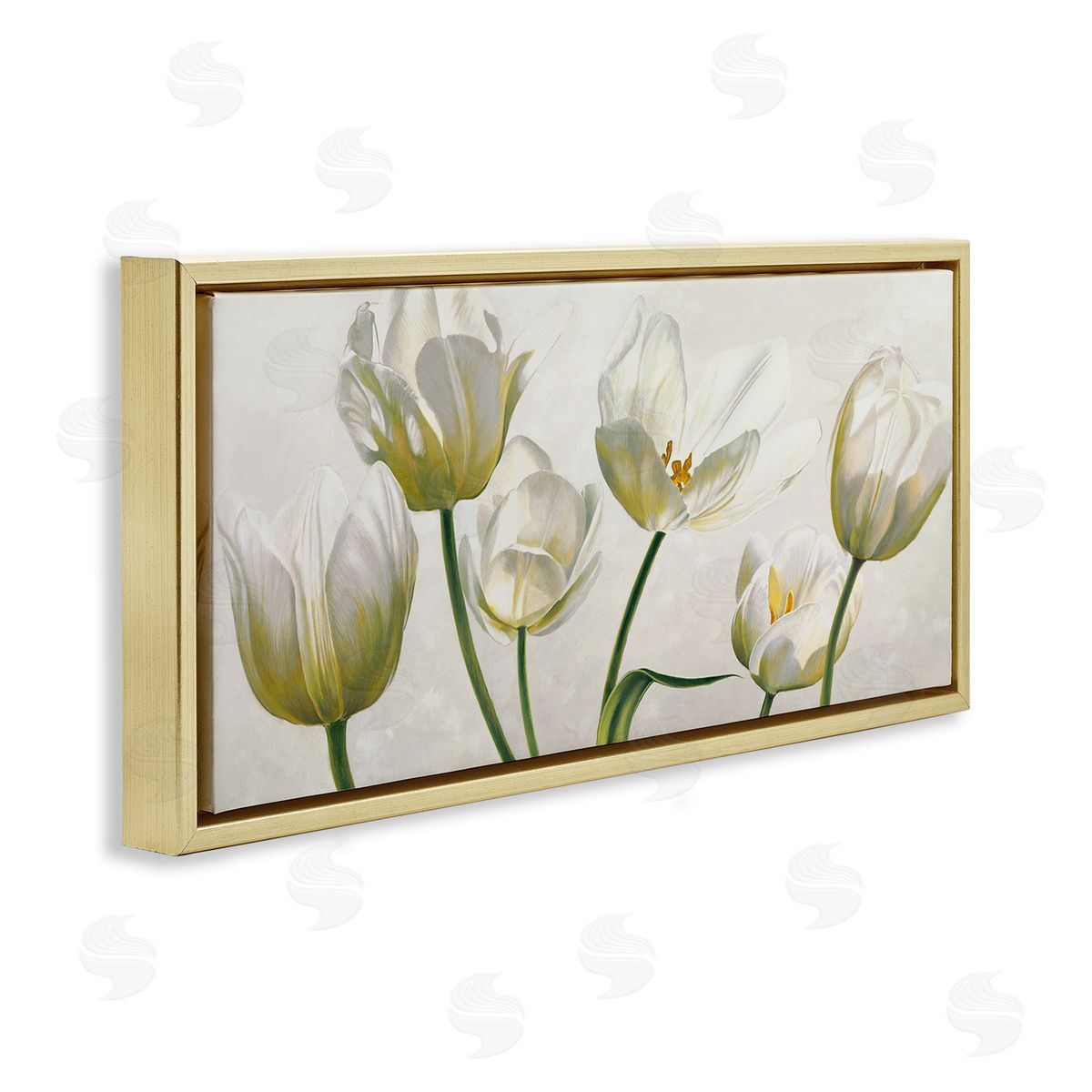 Soft White Blooming Tulips Gold Floating Frame Canvas Wall Art, Home Decor by Eva Barberini