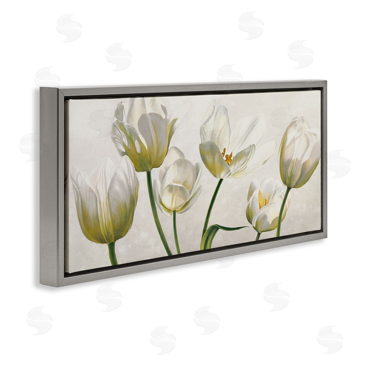 Soft White Blooming Tulips Grey Floating Frame Canvas Wall Art, Home Decor by Eva Barberini