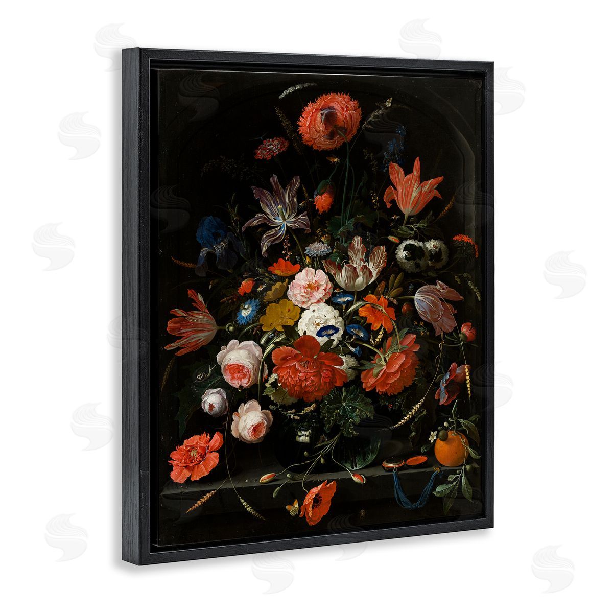 Flowers in a Glass Vase Black Floating Frame Canvas Wall Art, Home Decor by Abraham Mignon
