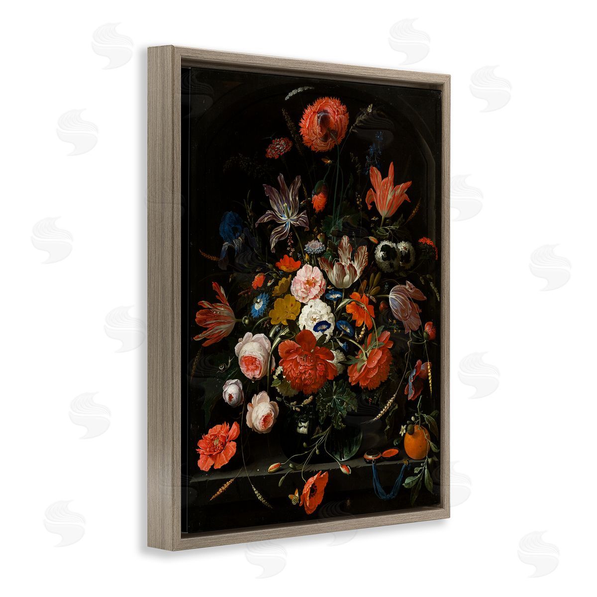 Flowers in a Glass Vase Brown Floating Frame Canvas Wall Art, Home Decor by Abraham Mignon