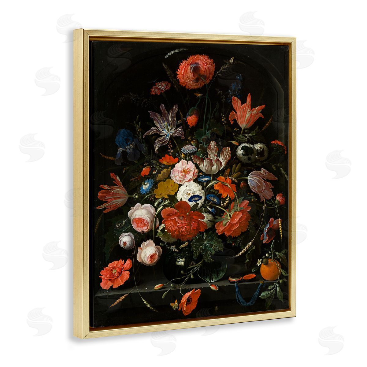Flowers in a Glass Vase Gold Floating Frame Canvas Wall Art, Home Decor by Abraham Mignon