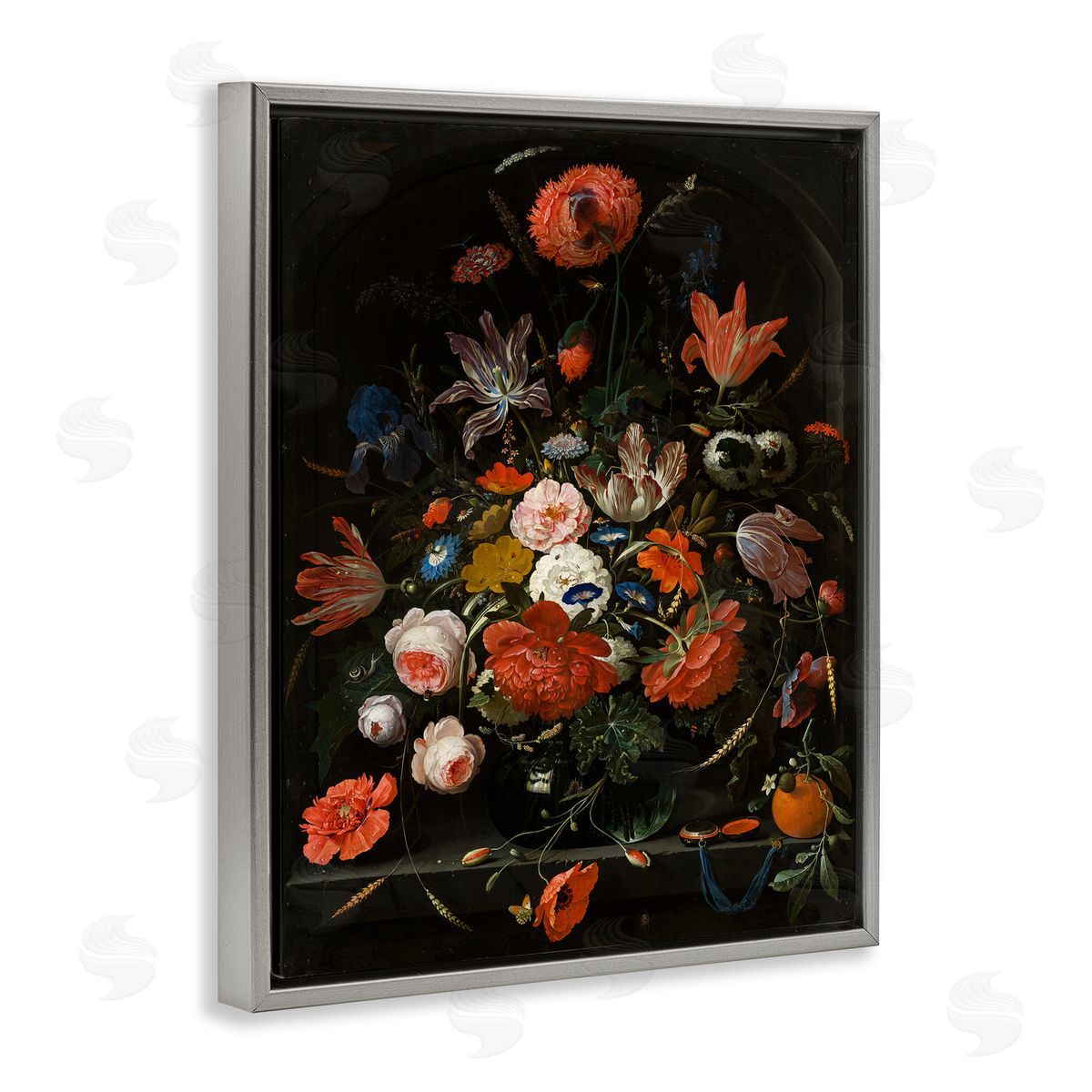 Flowers in a Glass Vase Grey Floating Frame Canvas Wall Art, Home Decor by Abraham Mignon