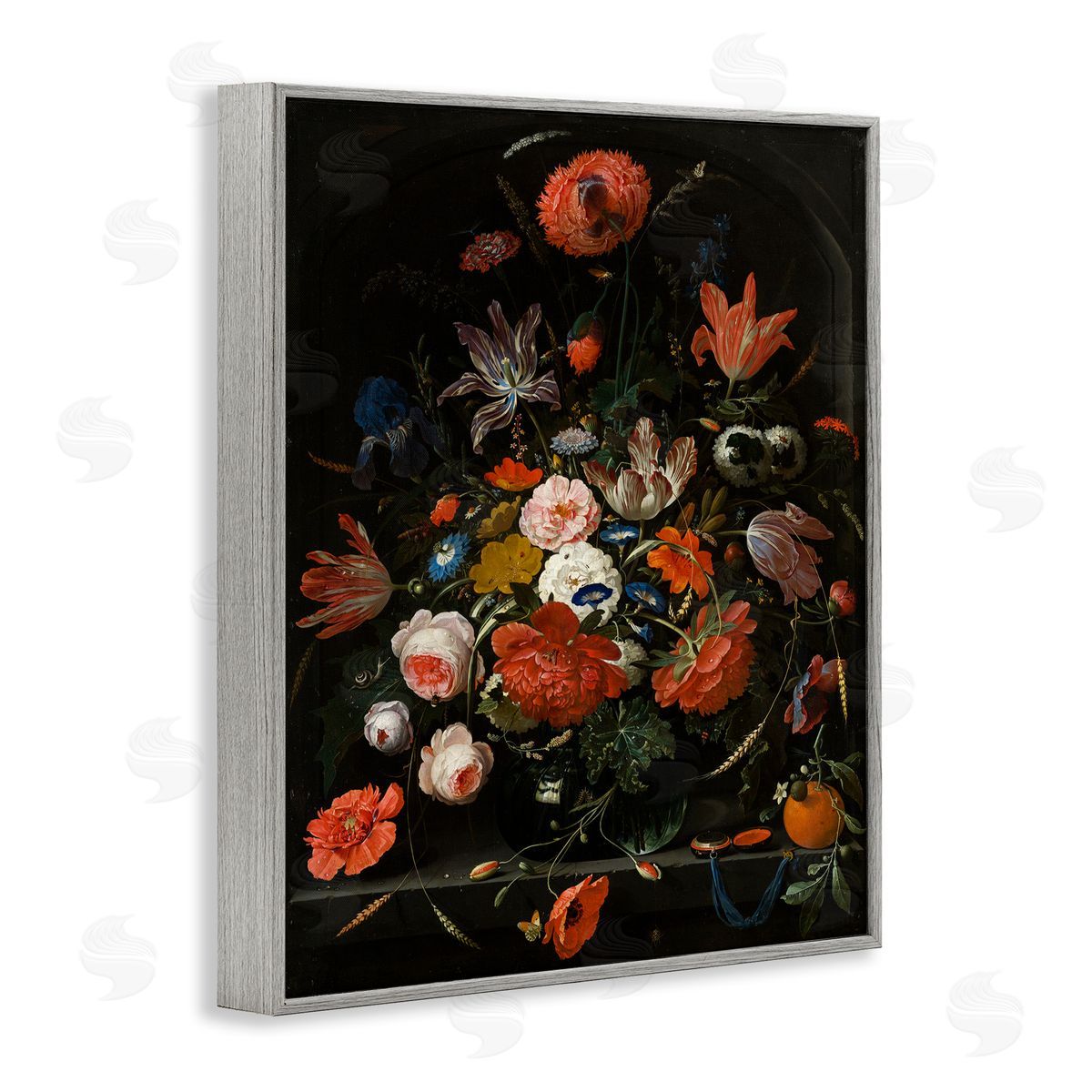 Flowers in a Glass Vase Grey Frame Print Wall Art, Home Decor by Abraham Mignon