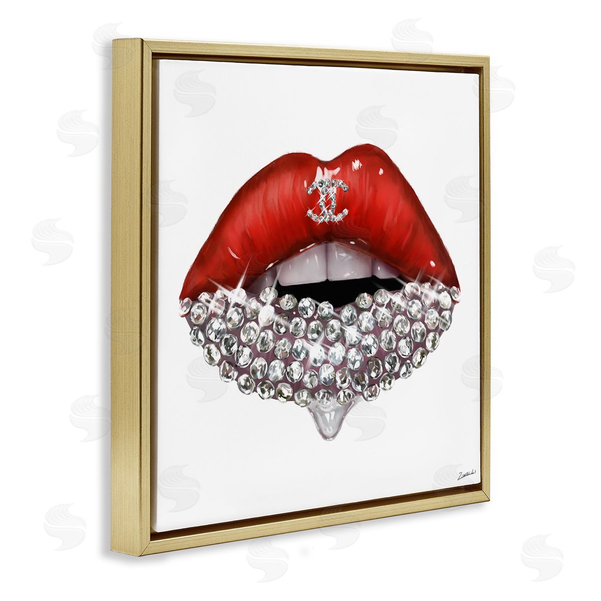 Fashion Red Lip Gemstones Gold Floating Frame Canvas Wall Art, Home Decor by Ziwei Li