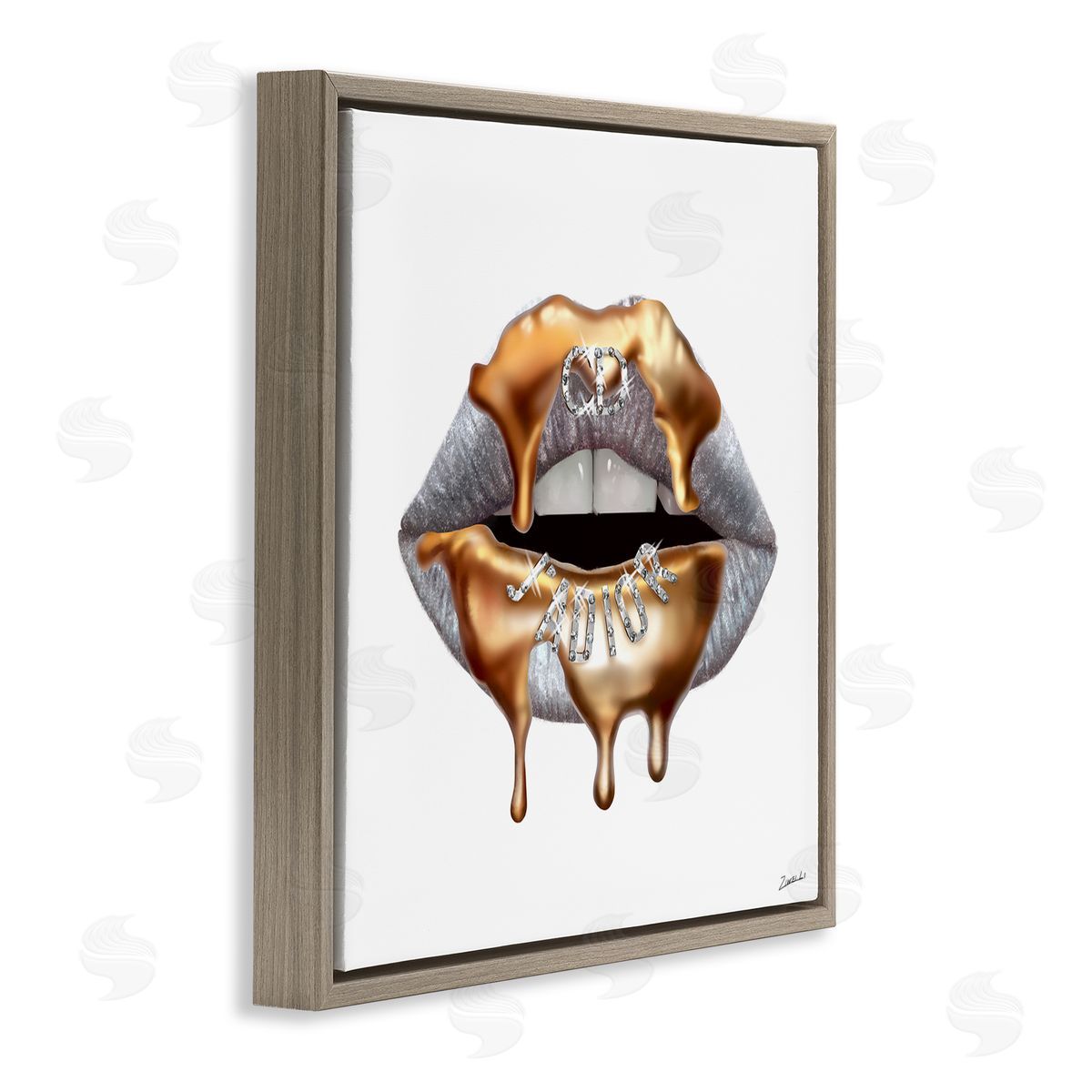 Grey Lip Gold Drip Fashion Brown Floating Frame Canvas Wall Art, Home Decor by Ziwei Li