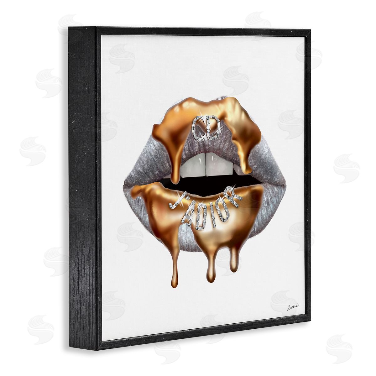 Grey Lip Gold Drip Fashion Black Frame Print Wall Art, Home Decor by Ziwei Li