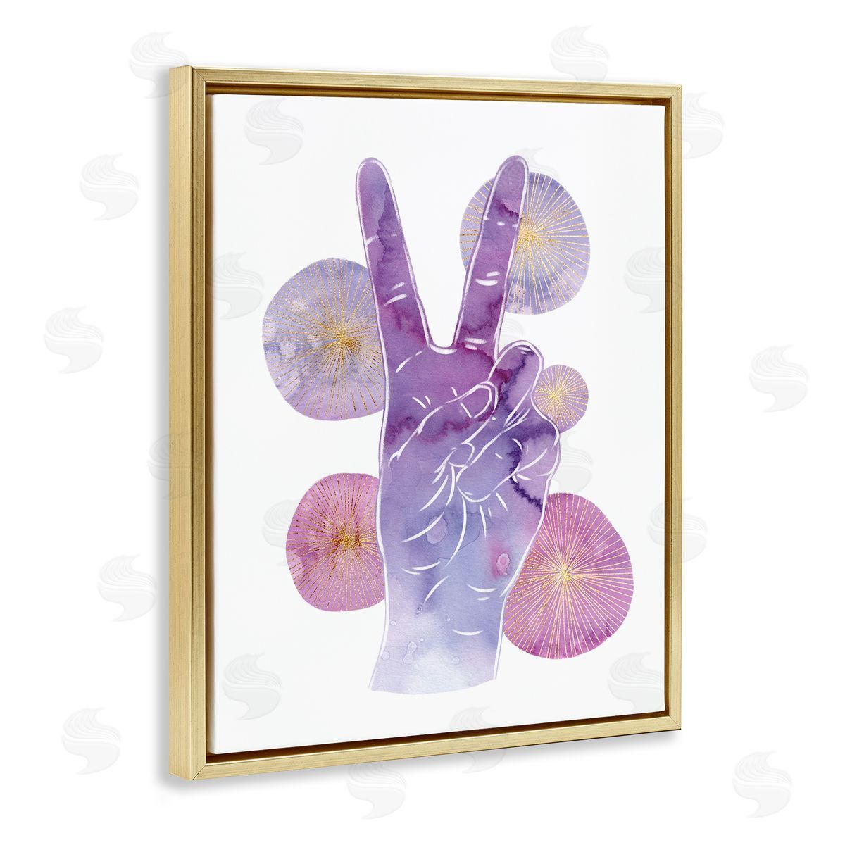 Purple Peace Hand Sign Gold Floating Frame Canvas Wall Art, Home Decor by Ziwei Li