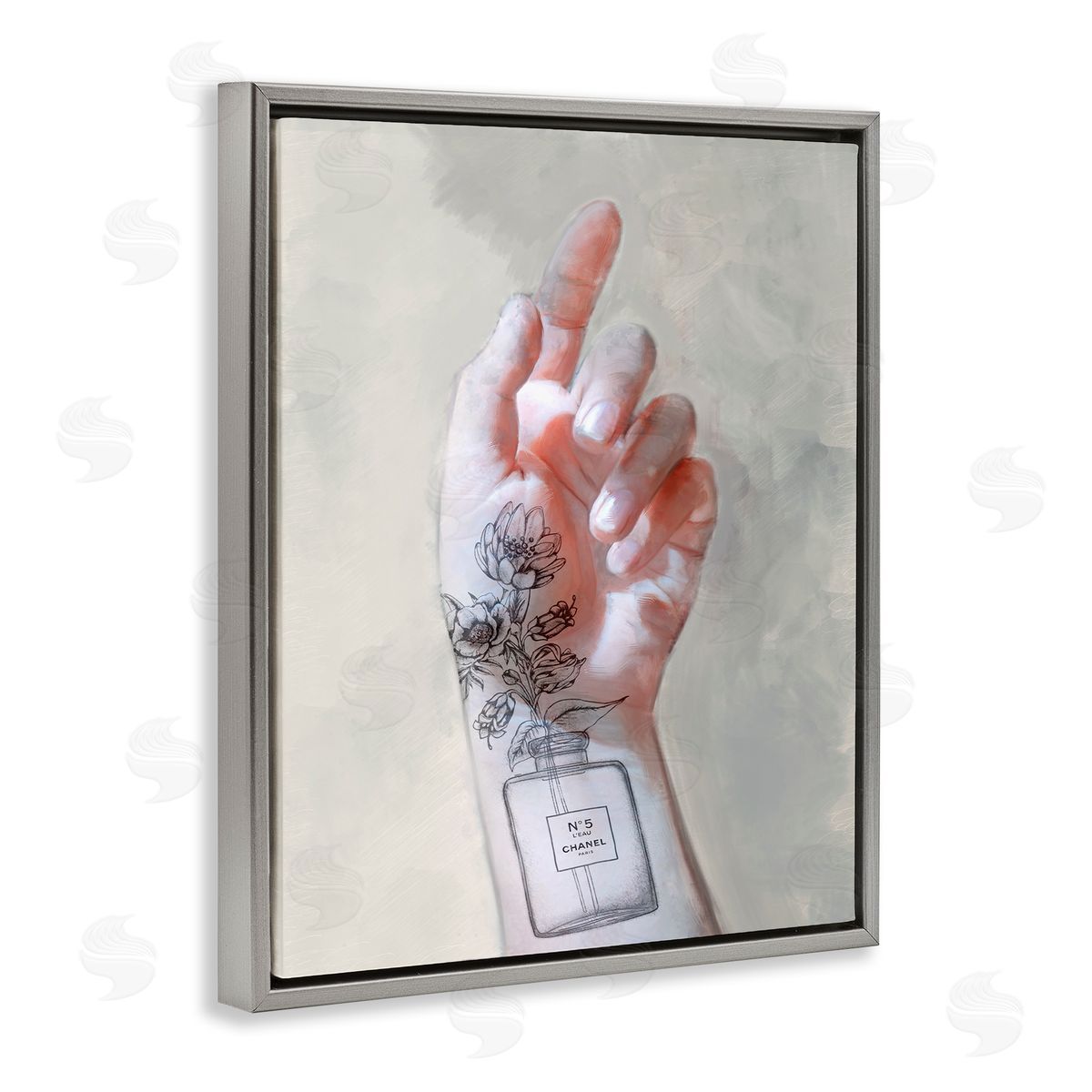 Hand Pose with Fashion Florals Grey Floating Frame Canvas Wall Art, Home Decor by Ziwei Li