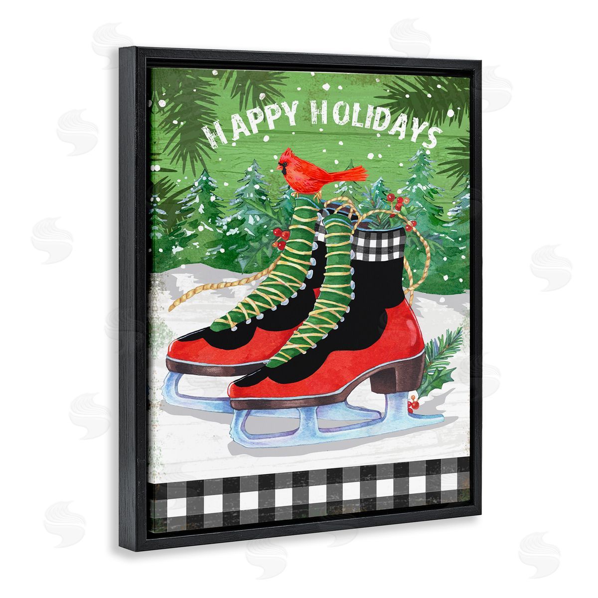 Happy Holidays Ice Skates Black Floating Frame Canvas Wall Art, Home Decor by Andrea Tachiera