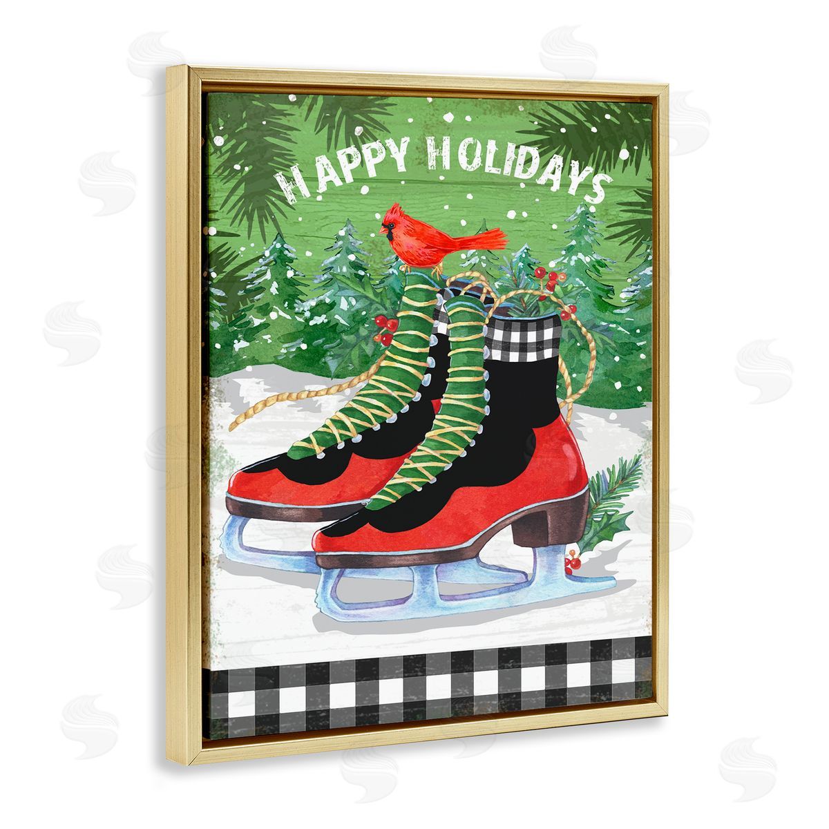 Happy Holidays Ice Skates Gold Floating Frame Canvas Wall Art, Home Decor by Andrea Tachiera